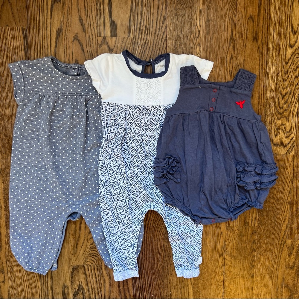 Set of 3 Burt's Bees Baby and Gap 6-9 mo blue and white rompers